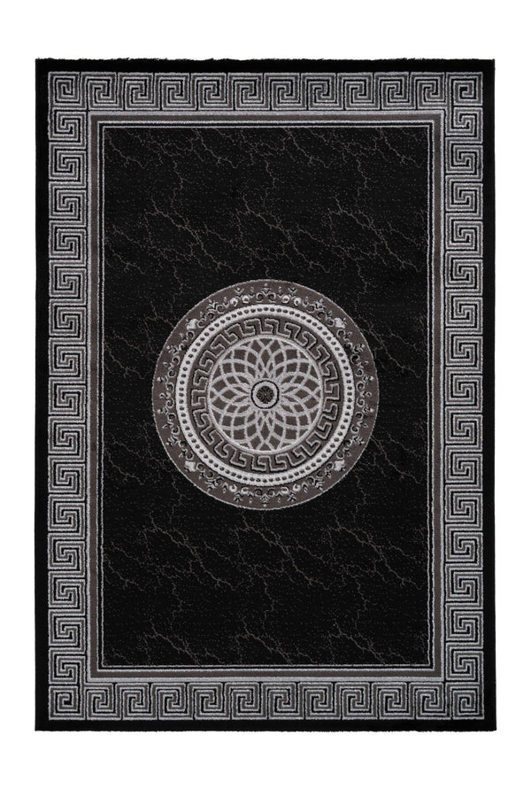 Aura 776 Modern Black Rug with Border and Centre Medallion - Lalee Designer Rugs