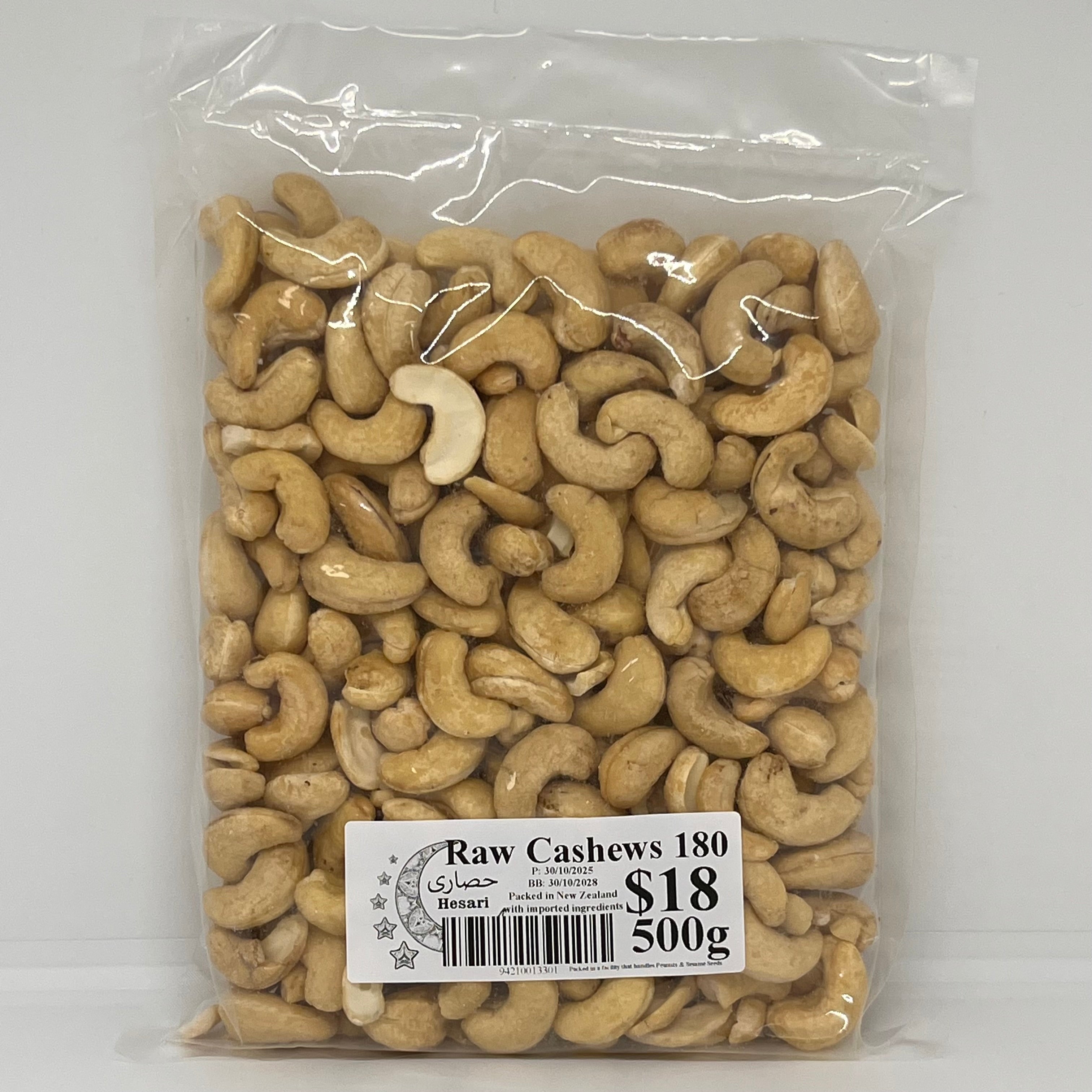 HESARI Raw Cashews Large 180 Poly Bag 500g